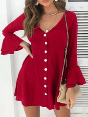Pure V neck  Falbala Long sleeve  Fastener Shift Dresses