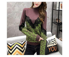 Fashion round neck lace stitching leopard sweater