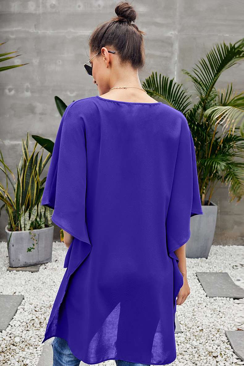 Fashion Loose Pure V neck Batwing sleeve Irregular Blouses