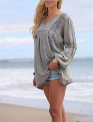 Casual Loose Pure V neck Long sleeve Gored Blouses