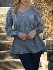 Casual Loose Pure V neck Long sleeve Gored Blouses