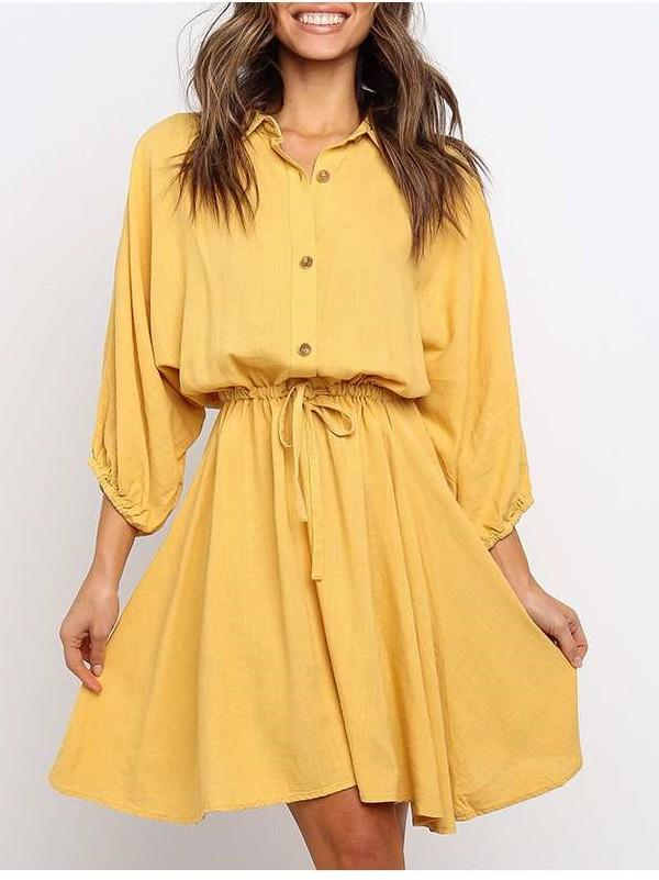 Fashion Lapel Long sleeve Lacing Skater Dresses