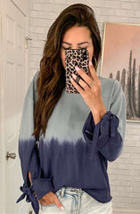 Casual Gradient Round neck Long sleeve Lacing T-Shirts