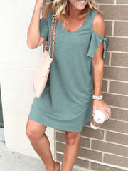 Pure V neck Off shoulder Short sleeve Shift Dresses
