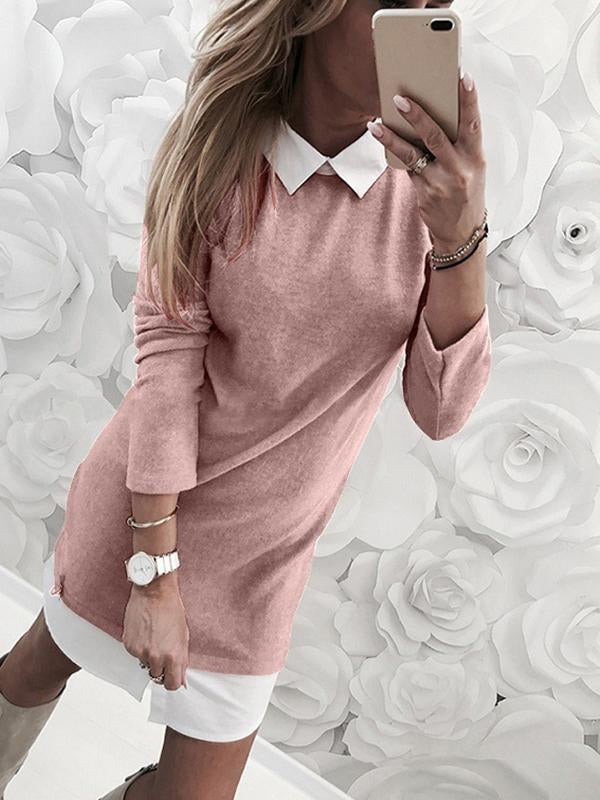 Woman Lapel One Piece Long Sleeve Shift Dresses