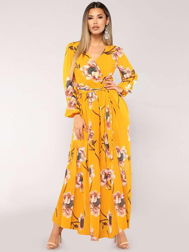 Sexy Lacing Print V neck Long sleeve Maxi Dresses