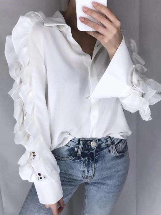 Fashion Pure Gored  Falbala Hollow out Long sleeve Blouses