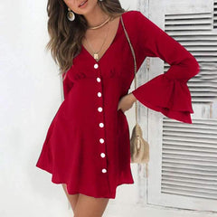 Pure V neck  Falbala Long sleeve  Fastener Shift Dresses