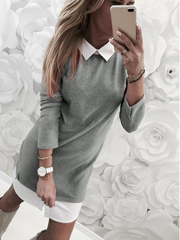 Woman Lapel One Piece Long Sleeve Shift Dresses