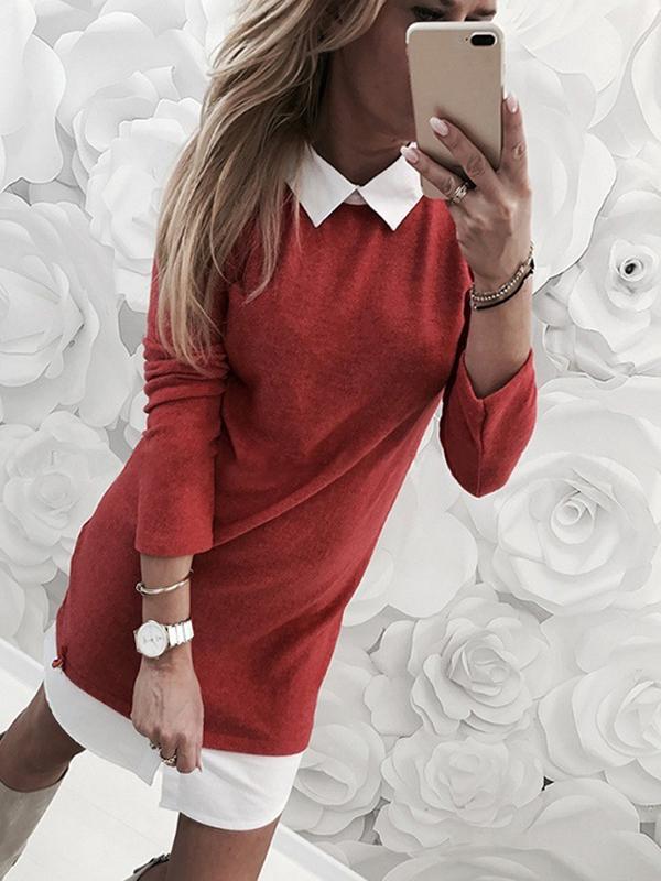 Woman Lapel One Piece Long Sleeve Shift Dresses