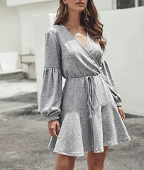 Fashion Pure V neck Long sleeve Lacing Skater Dresses
