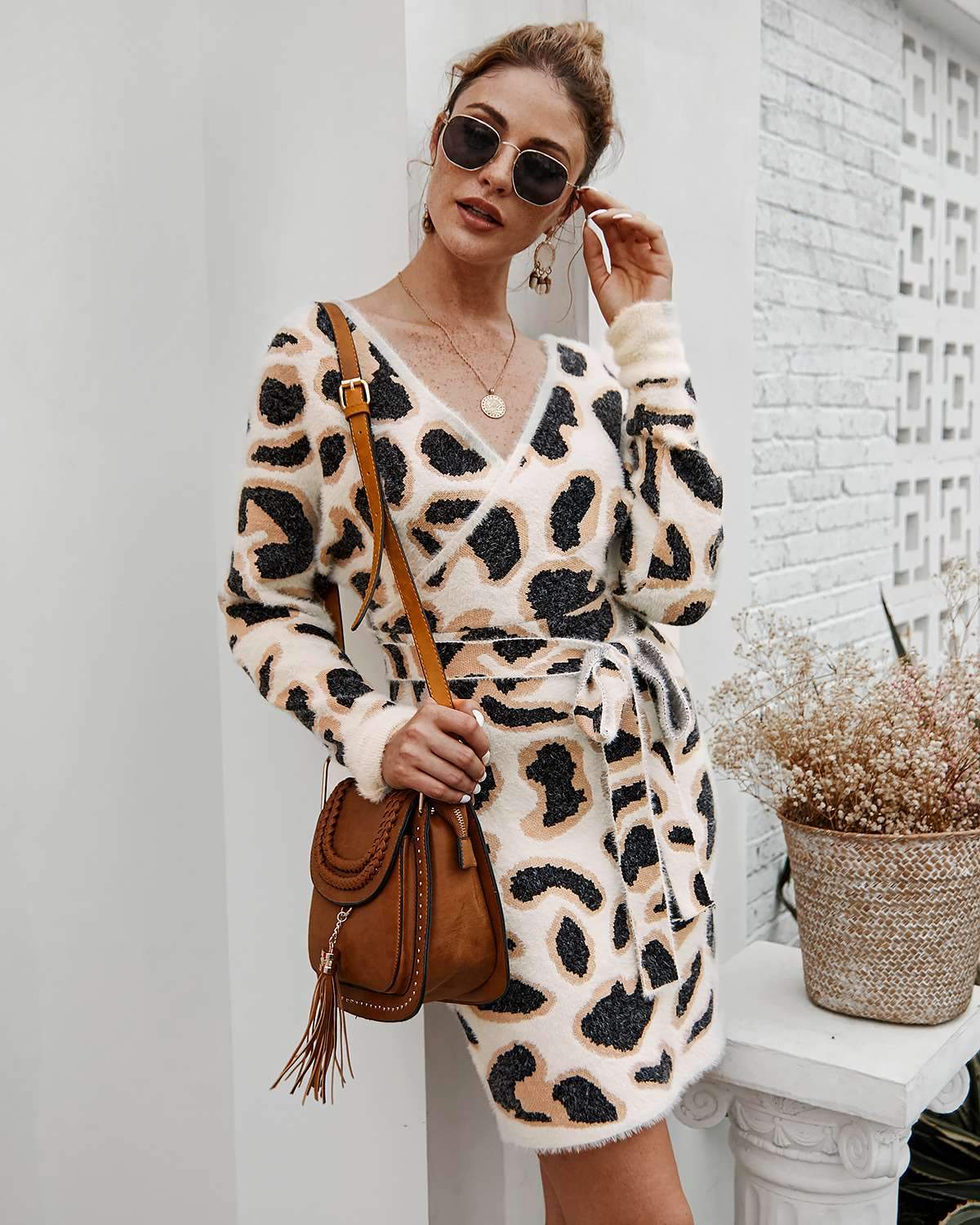 Fashion Plush Point Print Long sleeve V nevk Skater Dresses