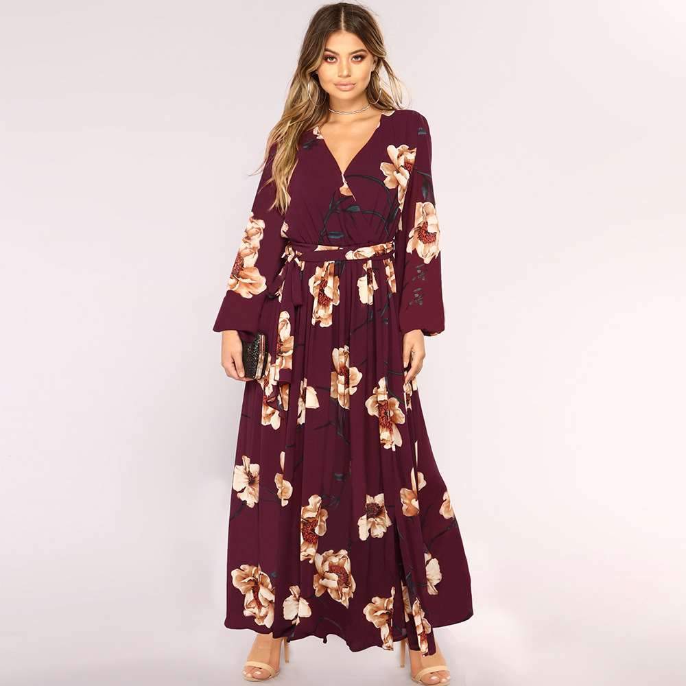 Sexy Lacing Print V neck Long sleeve Maxi Dresses