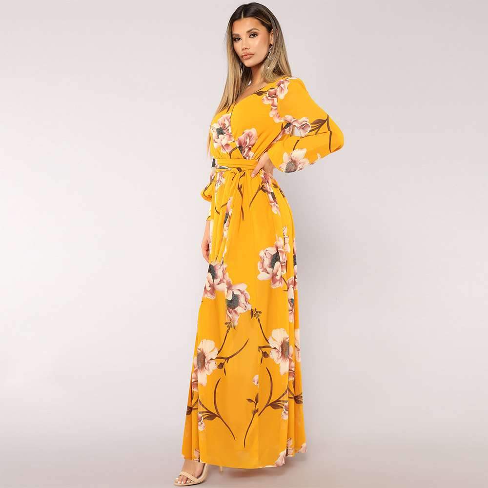 Sexy Lacing Print V neck Long sleeve Maxi Dresses