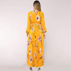 Sexy Lacing Print V neck Long sleeve Maxi Dresses