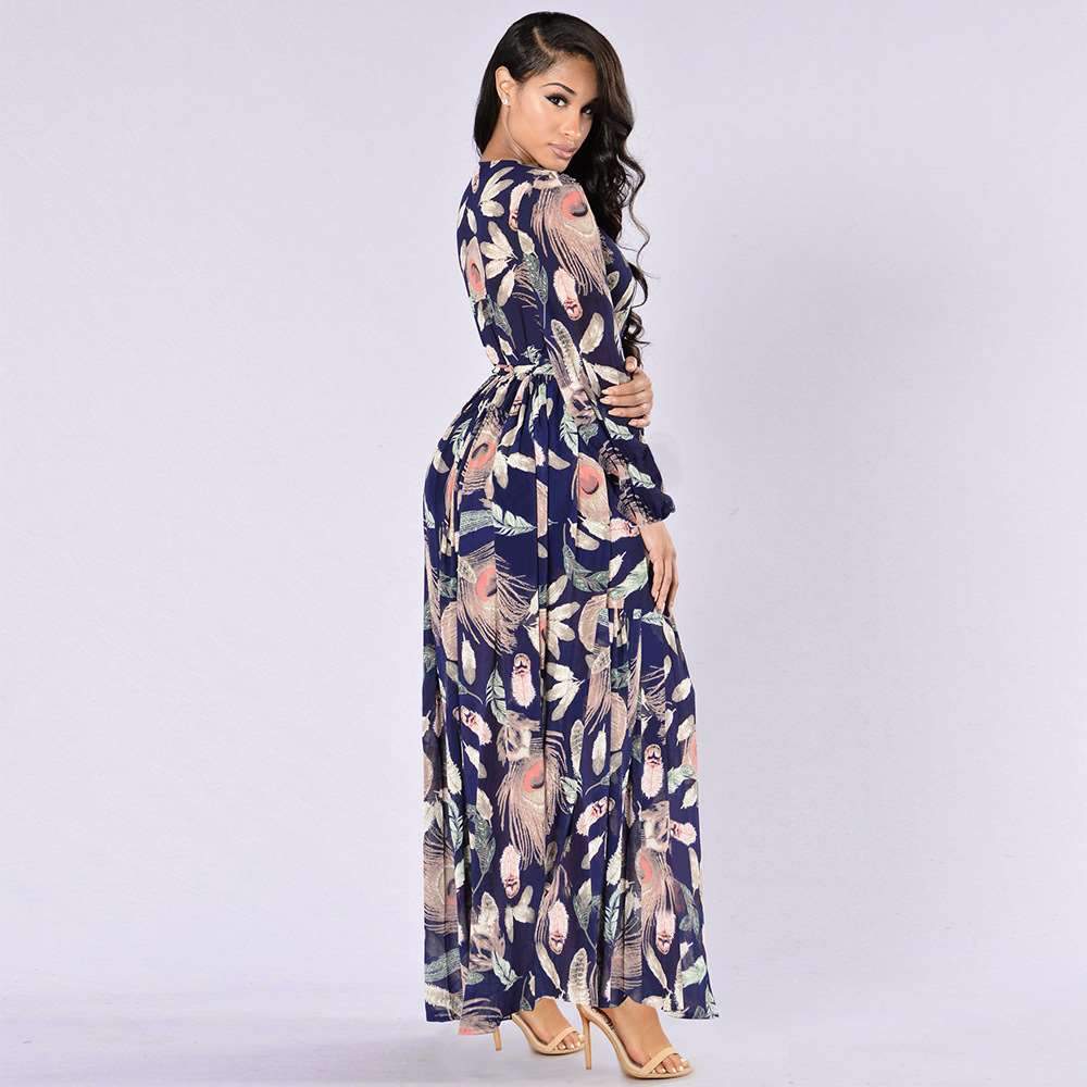 Sexy Lacing Print V neck Long sleeve Maxi Dresses