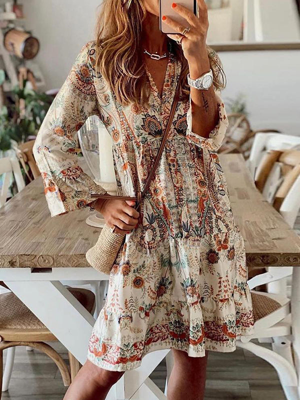 Bohemia Style women v neck printed skater dresses