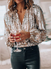 Autumn and winter sequined V-neck top blouses