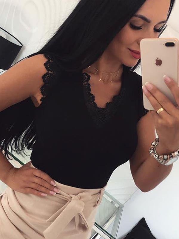 Sexy lace decoration plain sleeveless  v neck vests shirts