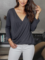 V neck plain daily women long sleeve casual T-shirts