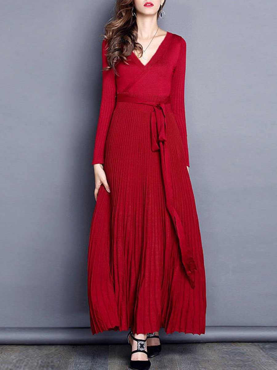 More colors Pure V Neck Long Sleeve Woman Elegant Maxi Dresses