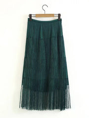 Woman Fashion Green Tassels Skirt