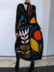 Casual Loose Print High collar Long sleeve Maxi Dresses