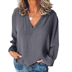 Casual Loose Pure V neck Long sleeve Blouses