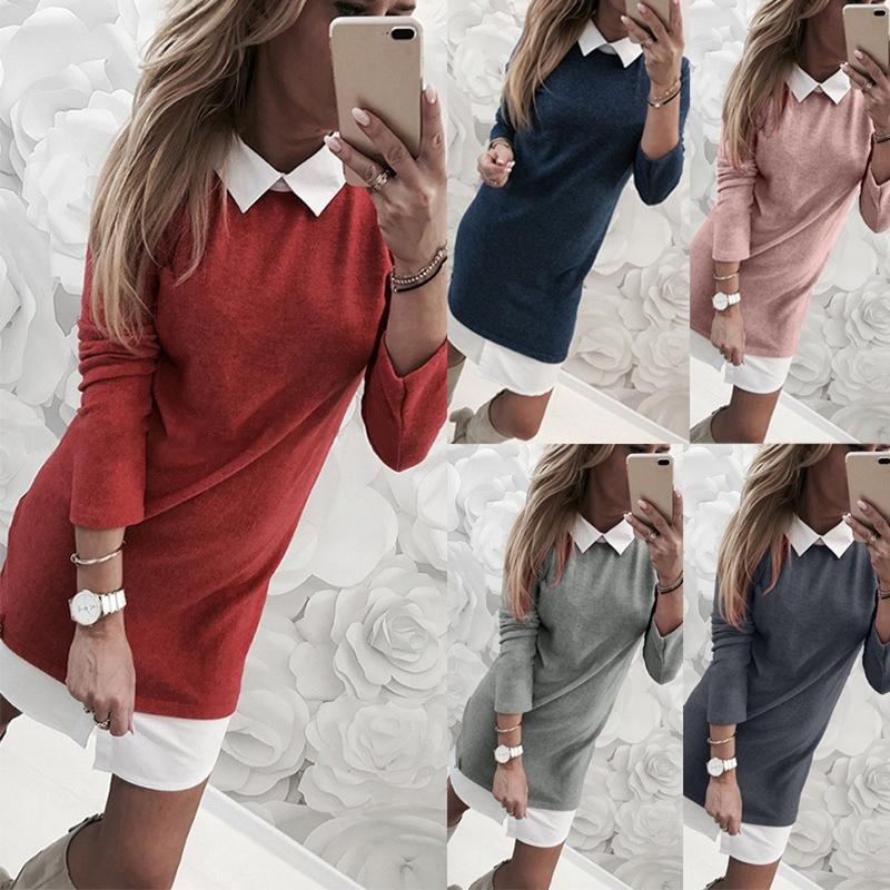 Woman Lapel One Piece Long Sleeve Shift Dresses