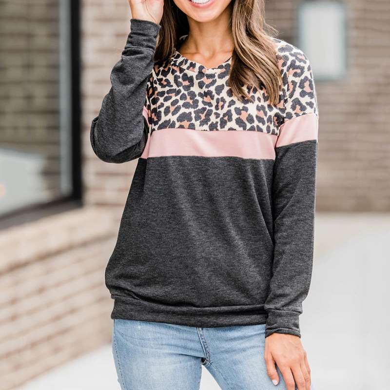 Casual Gored Leopard print Round neck Long sleeve Sweatshirts