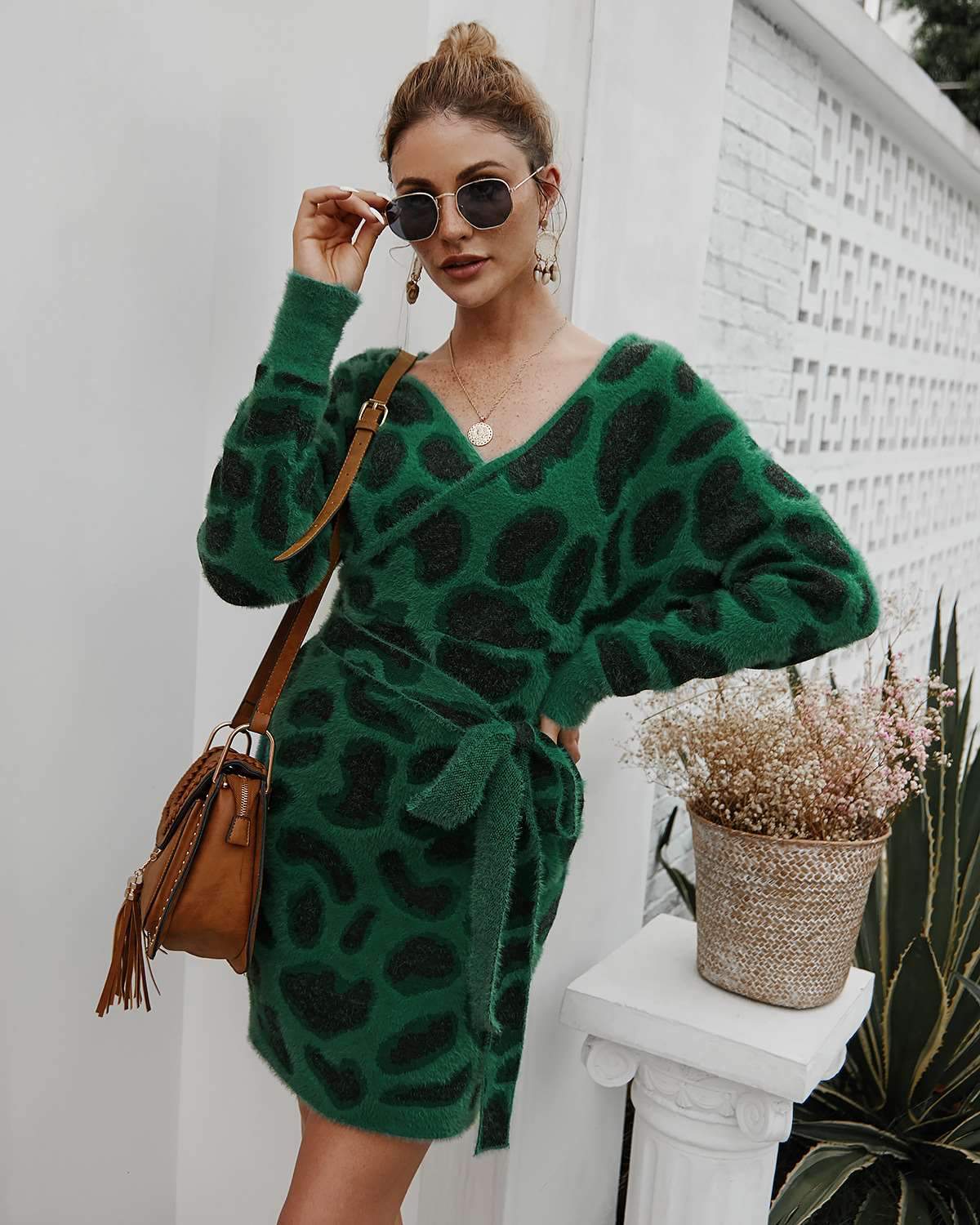 Fashion Plush Point Print Long sleeve V nevk Skater Dresses