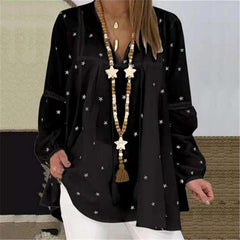 Casual Loose Star print V neck Long sleeve Hollow out Blouses