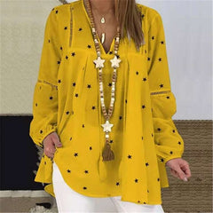 Casual Loose Star print V neck Long sleeve Hollow out Blouses