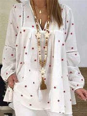 Casual Loose Star print V neck Long sleeve Hollow out Blouses