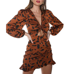 Sexy Print V neck Long sleeve Skater Dresses