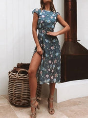 Sexy Round Neck Midriff Printed Fork Maxi Dresses