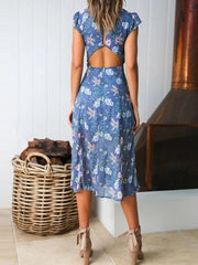 Sexy Round Neck Midriff Printed Fork Maxi Dresses