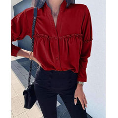 Loose Long sleeve Pure Stand collar Gored Blouses