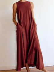 Crew Neck Solid Sleeveless Cotton-Blend Dresses
