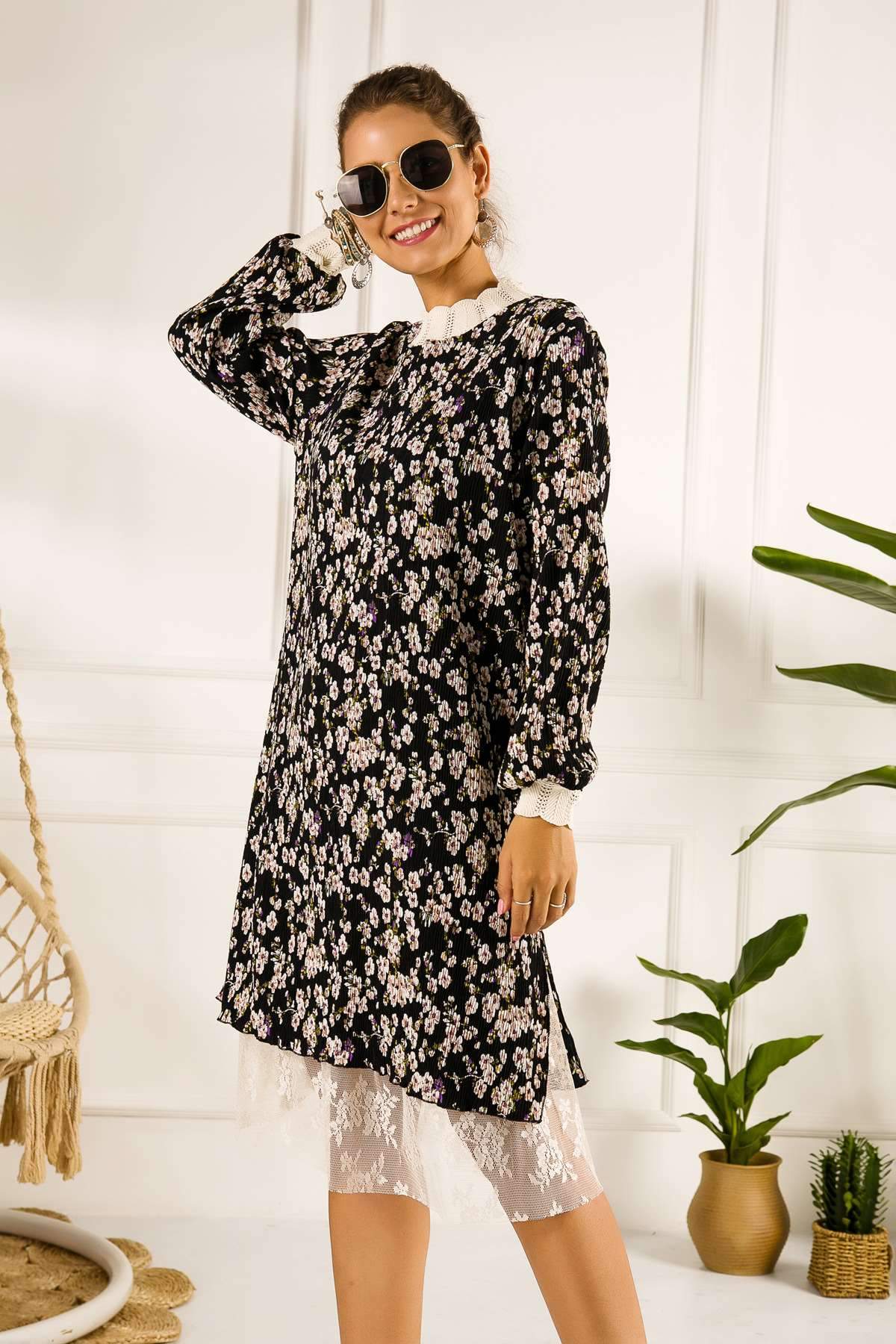 Fashion Drape Print Lace Long sleeve Skater Dresses