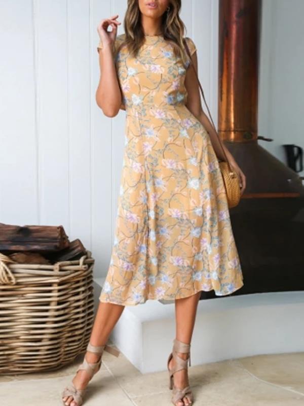 Sexy Round Neck Midriff Printed Fork Maxi Dresses