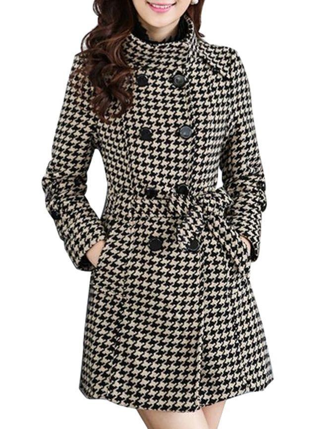 Breasted Houndstooth With Pockets Overcoats