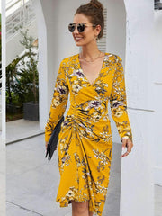 Fashion Print Drape V neck Long sleeve Skater Dresses