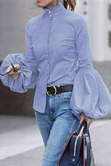 Fashion Pure Stand collar Puff sleeve Blouses