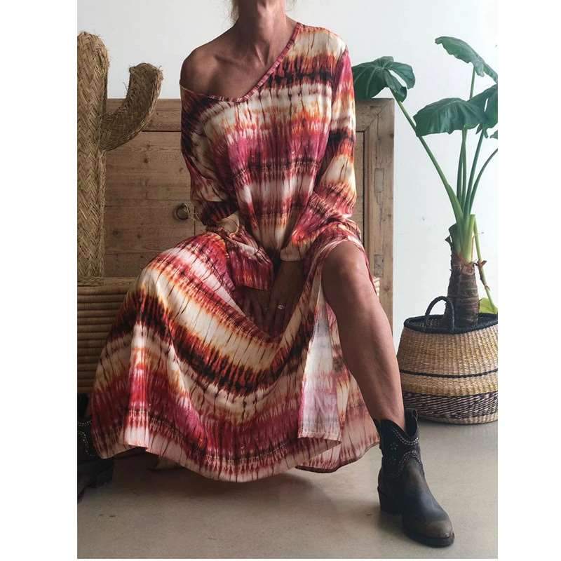 Fashion Loose Print V neck Long sleeve Maxi Dresses