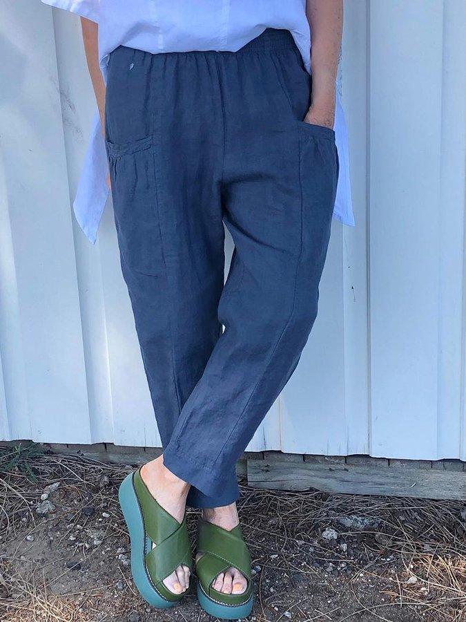 Dark Blue Shift Cotton-Blend Casual Solid Pants