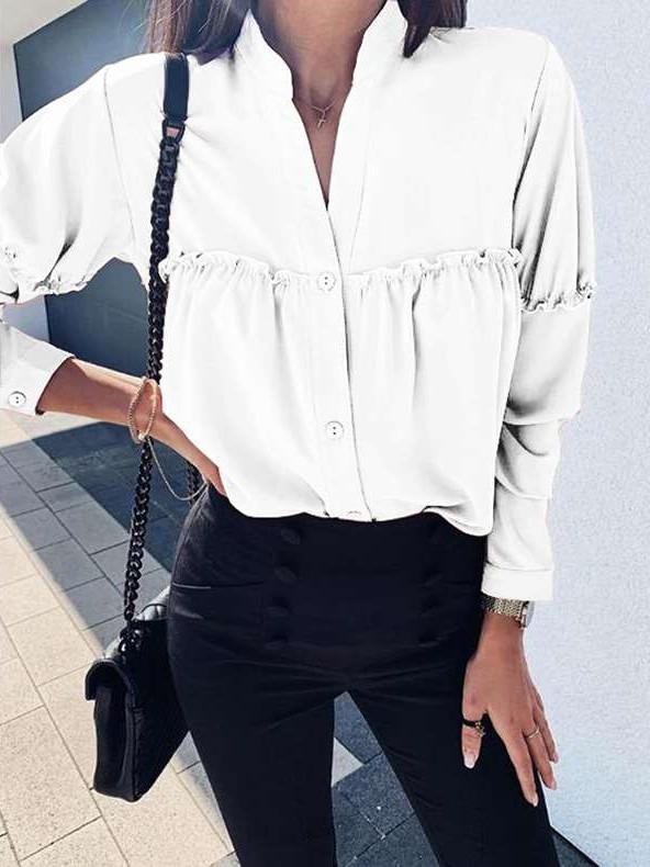 Loose Long sleeve Pure Stand collar Gored Blouses