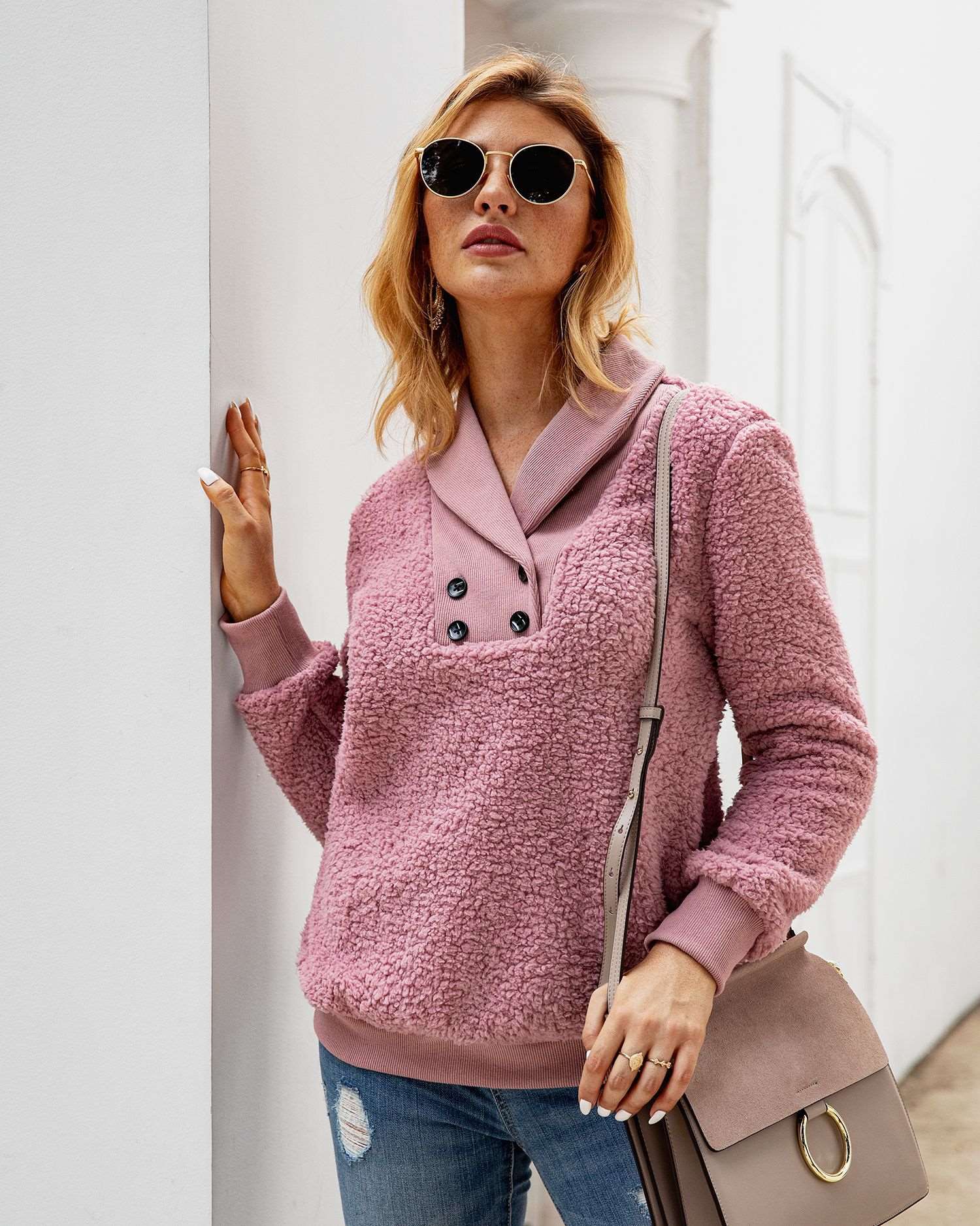 Fashion Plush Lapel Fastener Long sleeve Sweatshirts