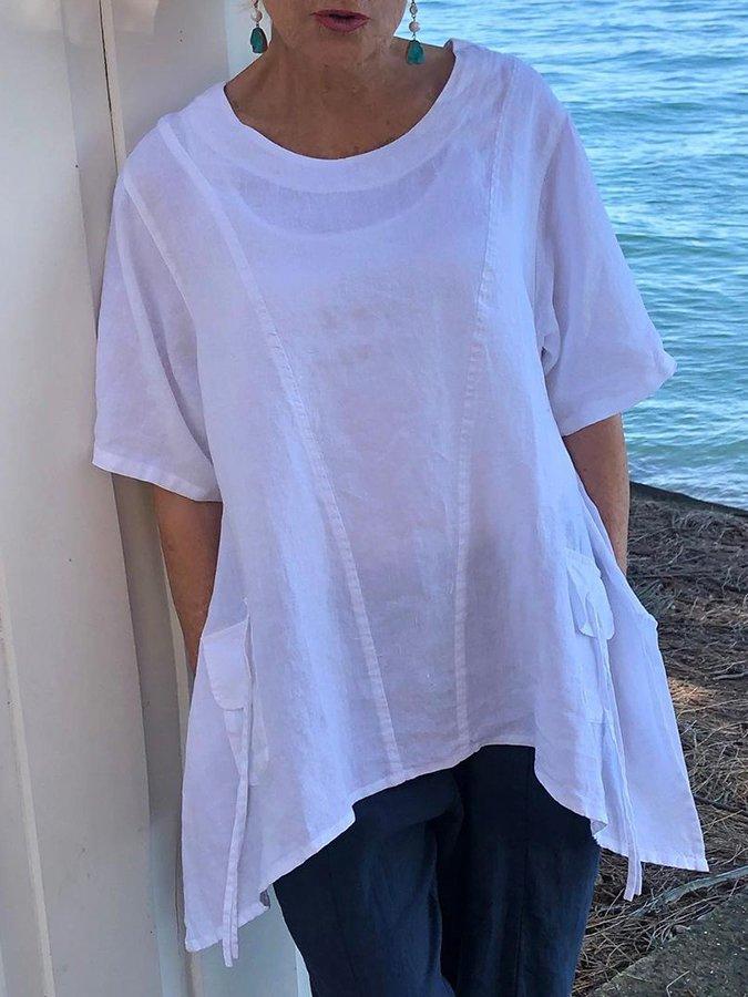 White Shift Short Sleeve Cotton-Blend Shirts & Tops