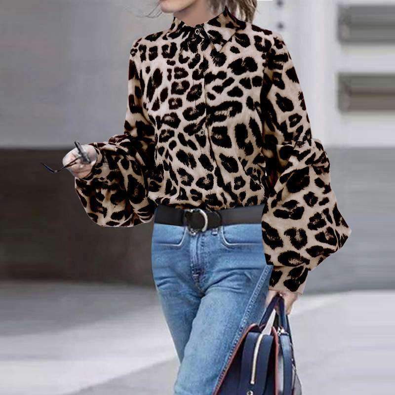 Loose Leopard print V neck Long sleeve Blouses